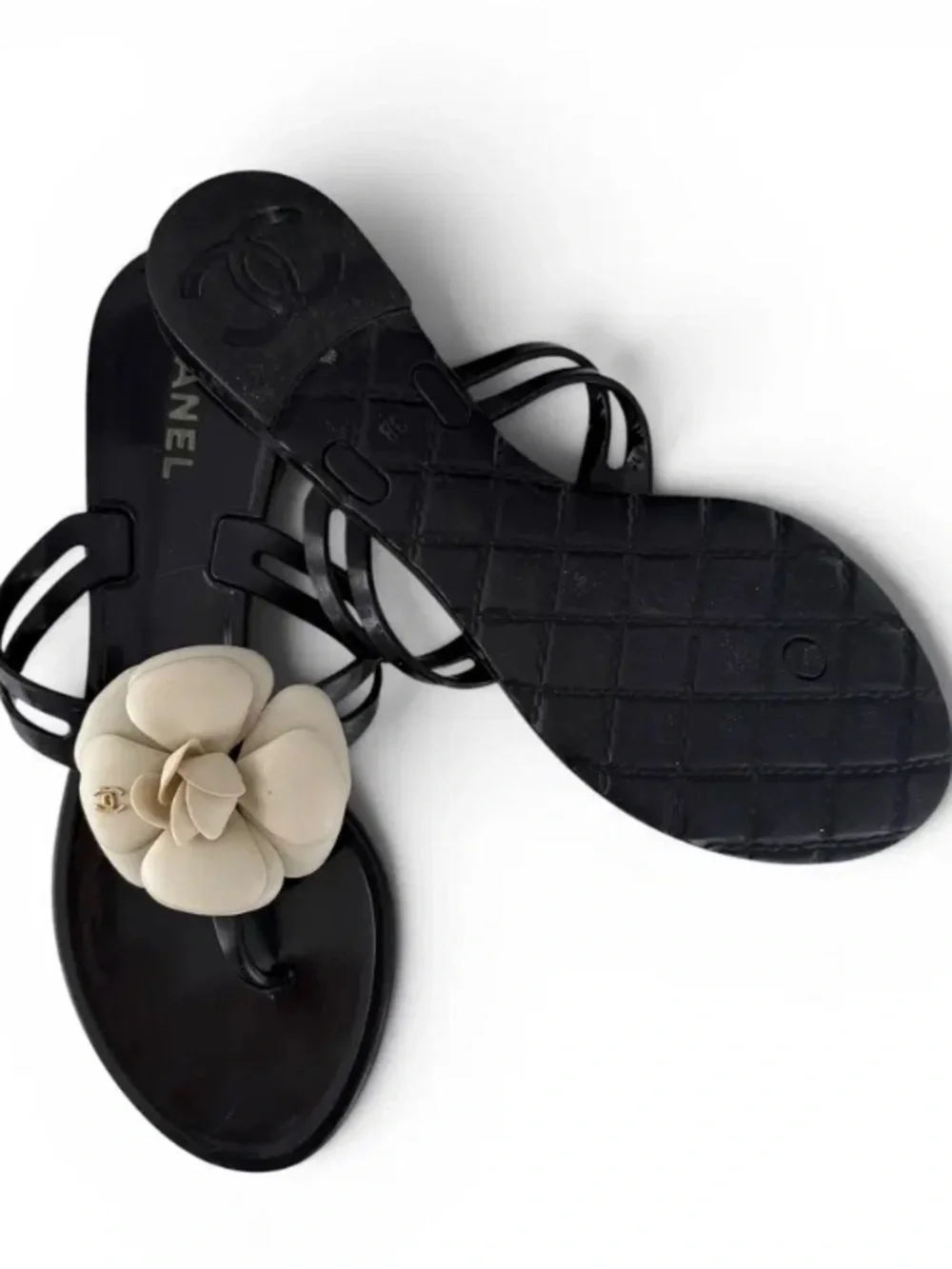CHANEL Black Sandals with Cream Camellia Floral Accent